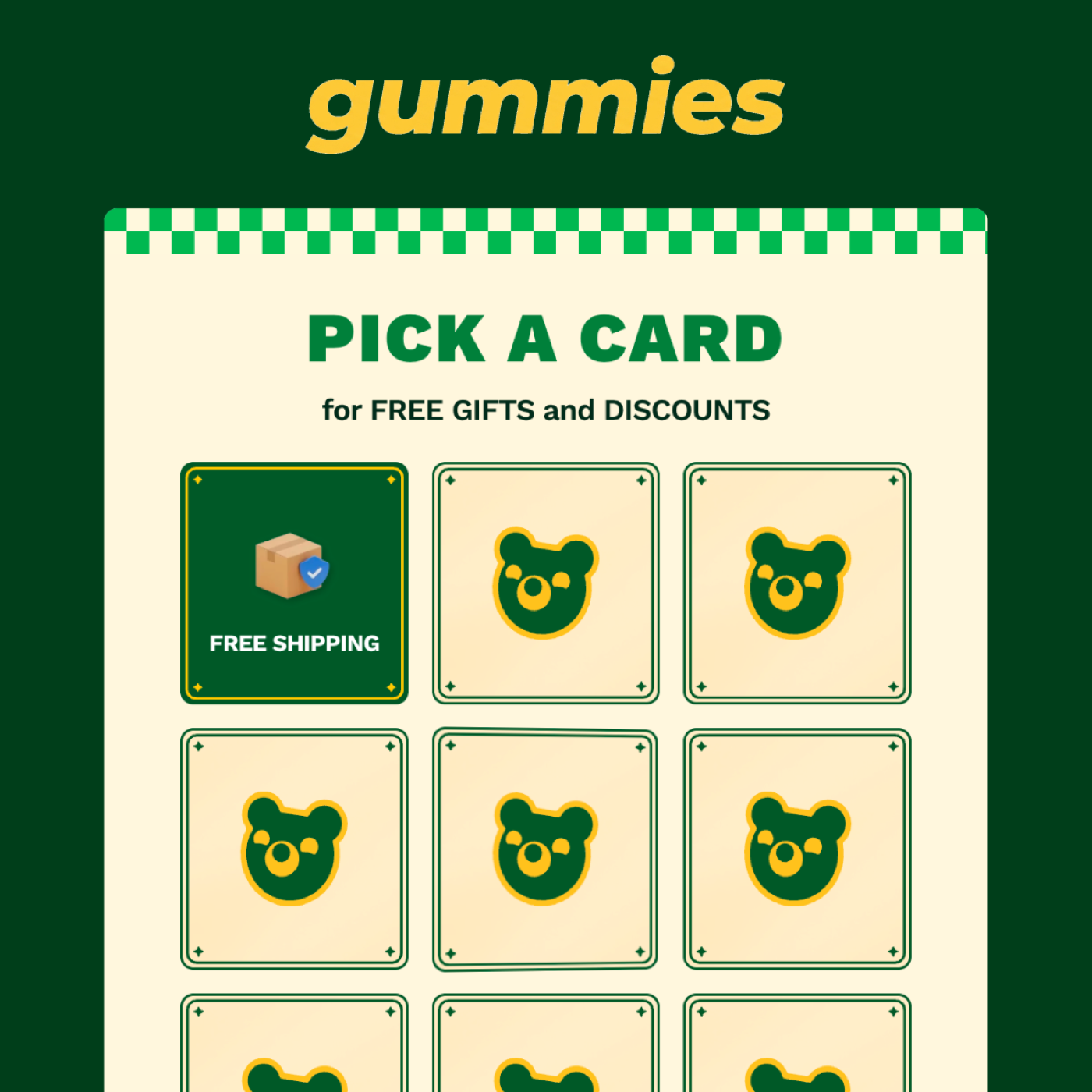 A Flip to Win game board on a store called Gummies: a nine card grid with the first card revealed as free shipping.